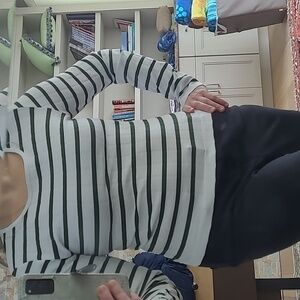 Women's long sleeve T, white with olive green stripes, cropped